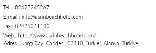 Asrn Beach Hotel telefon numaralar, faks, e-mail, posta adresi ve iletiim bilgileri
